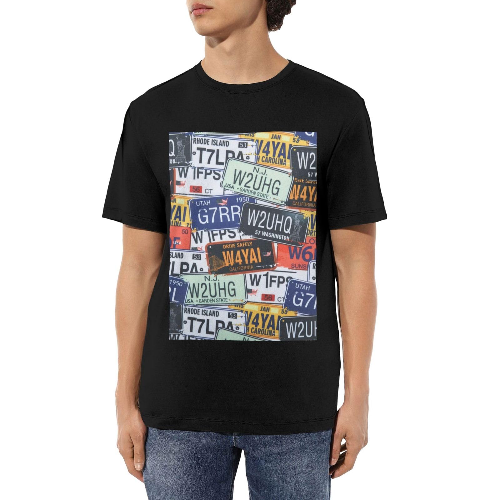 License Plate Print Softness Short Sleeve T-Shirt Crew Neck T